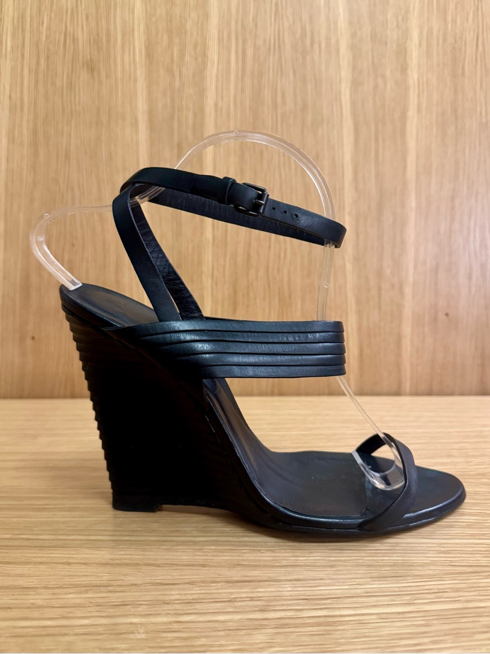 Bottega Veneta Black Leather Wrap-Around Wedge Sandals